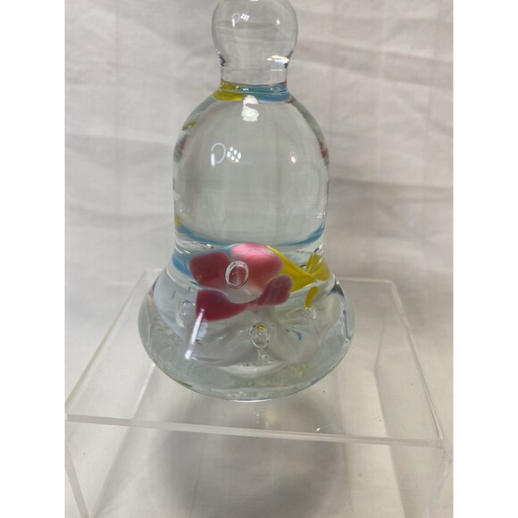 Vintage Joe St Clair Pink Yellow and Blue Flowers Green Leaves Bell Paperweight - Picture 2 of 12